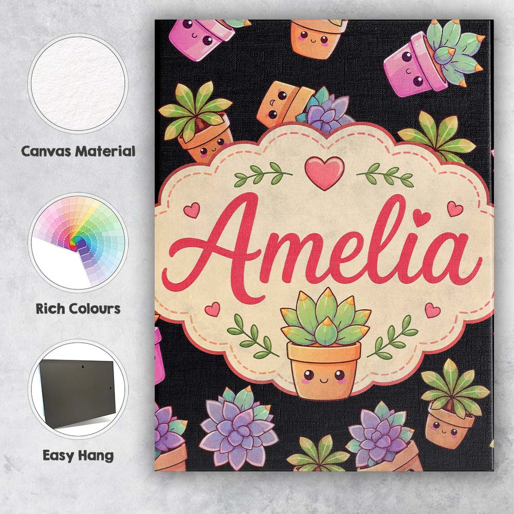 Personalised Name Cute Kawaii Succulent Custom  Modern Room Accent Elegant Feature Canvas Wall Art Print Decor Picture Ready to Hang