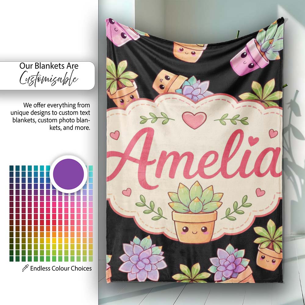 Cute Kawaii Succulent Plants Black Background Seamless Pattern  Personalised Custom Name Super Soft Fleece Blanket Bed Sofa Throw