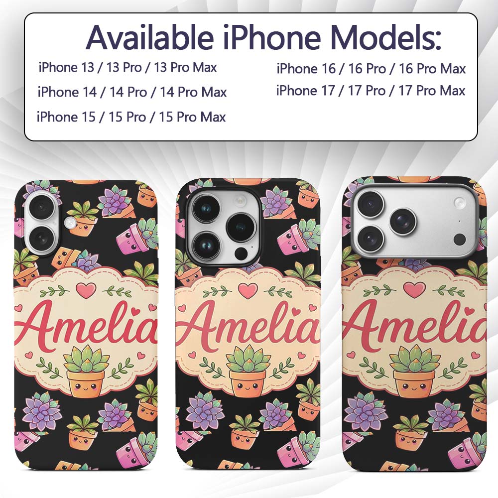 Cute Kawaii Succulent Plants Black Background Custom Name Protective Phone Case Mobile Cover Durable Everyday Smartphone Shock Resistant