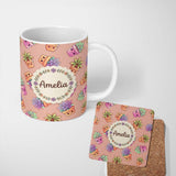 Personalized Custom Name Cute Kawaii Succulent Plants Peach Background Seamless Pattern 11oz Ceramic Coffee Tea Mug White Large Handle