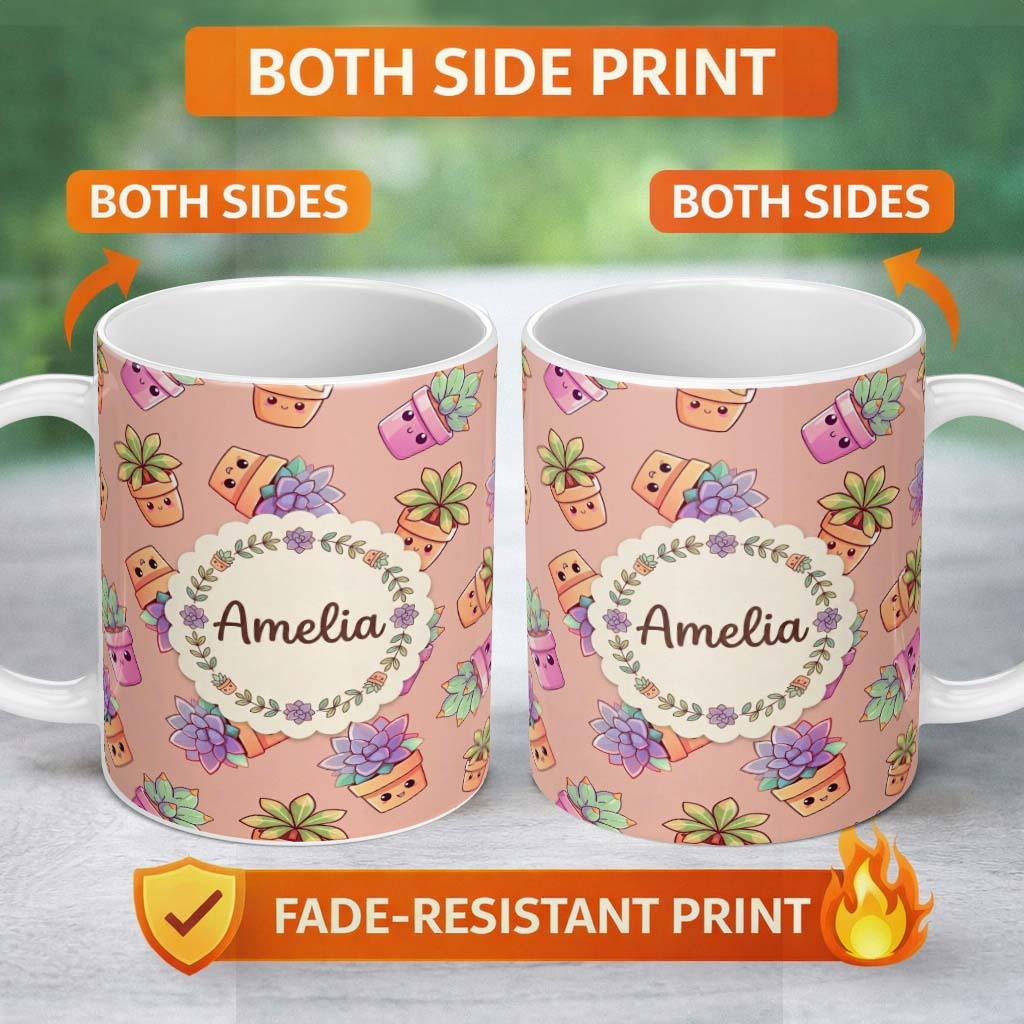 Personalized Custom Name Cute Kawaii Succulent Plants Peach Background Seamless Pattern 11oz Ceramic Coffee Tea Mug White Large Handle