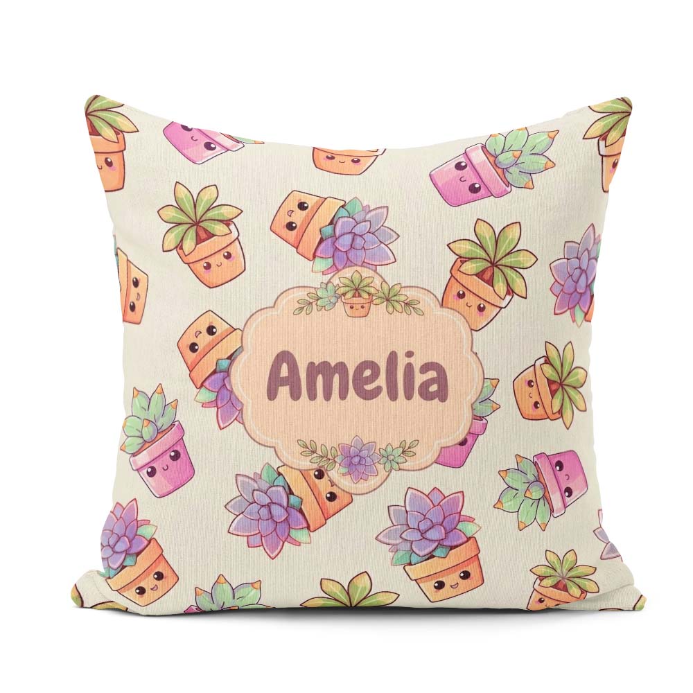 Custom Name Kawaii Succulent Plants Soft Sage Background Pattern Square Filled Cushion Throw Pillow Sofa Bed Home Decor Zip Washable UK Made