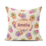 Custom Name Kawaii Succulent Plants Soft Sage Background Pattern Square Filled Cushion Throw Pillow Sofa Bed Home Decor Zip Washable UK Made