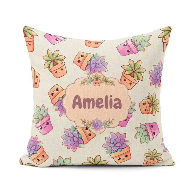 Custom Name Kawaii Succulent Plants Soft Sage Background Pattern Square Filled Cushion Throw Pillow Sofa Bed Home Decor Zip Washable UK Made
