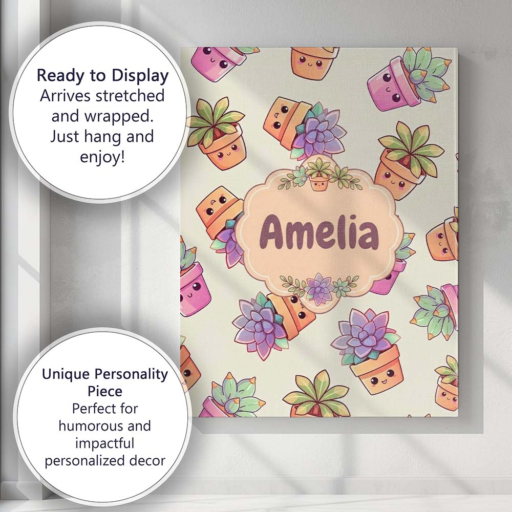 Personalised Name Cute Kawaii Succulent Custom  Modern Room Accent Elegant Feature Canvas Wall Art Print Decor Picture Ready to Hang