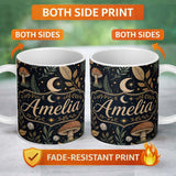 Personalized Custom Name Celestial Candle Moon Stars Mystic Night Seamless Pattern Lovely 11oz Ceramic Coffee Tea Mug White Large Handle