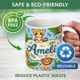 Personalized Custom Name Cute Jungle Animals Lion Tiger Leopard Tropical Leaves Mint Green 11oz Ceramic Coffee Tea Mug White Large Handle