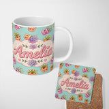 Personalized Custom Name Cute Kawaii Succulent Plants Teal Blue Background Seamless Pattern 11oz Ceramic Coffee Tea Mug White Large Handle