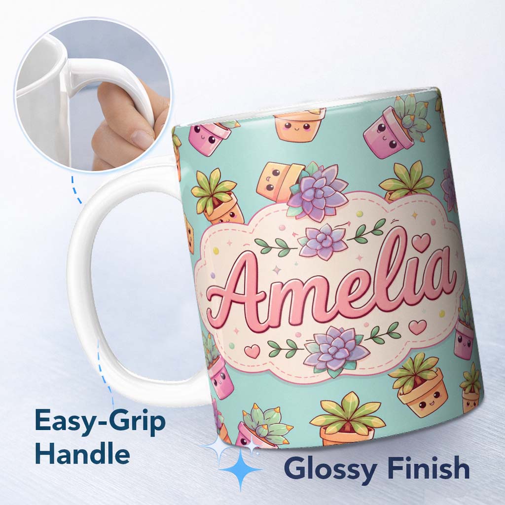 Personalized Custom Name Cute Kawaii Succulent Plants Teal Blue Background Seamless Pattern 11oz Ceramic Coffee Tea Mug White Large Handle