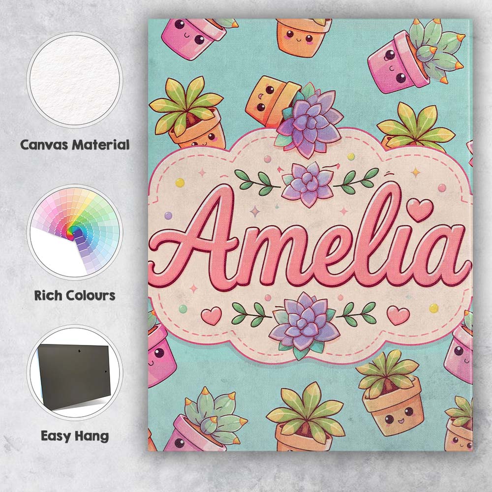 Personalised Name Cute Kawaii Succulent Custom  Modern Room Accent Elegant Feature Canvas Wall Art Print Decor Picture Ready to Hang