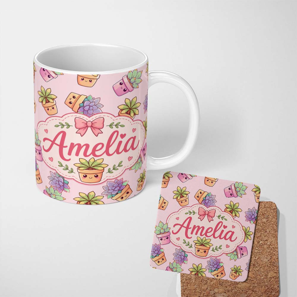 Personalized Custom Name Cute Kawaii Succulent Plants Dusty Pink Background Seamless Pattern 11oz Ceramic Coffee Tea Mug White Large Handle