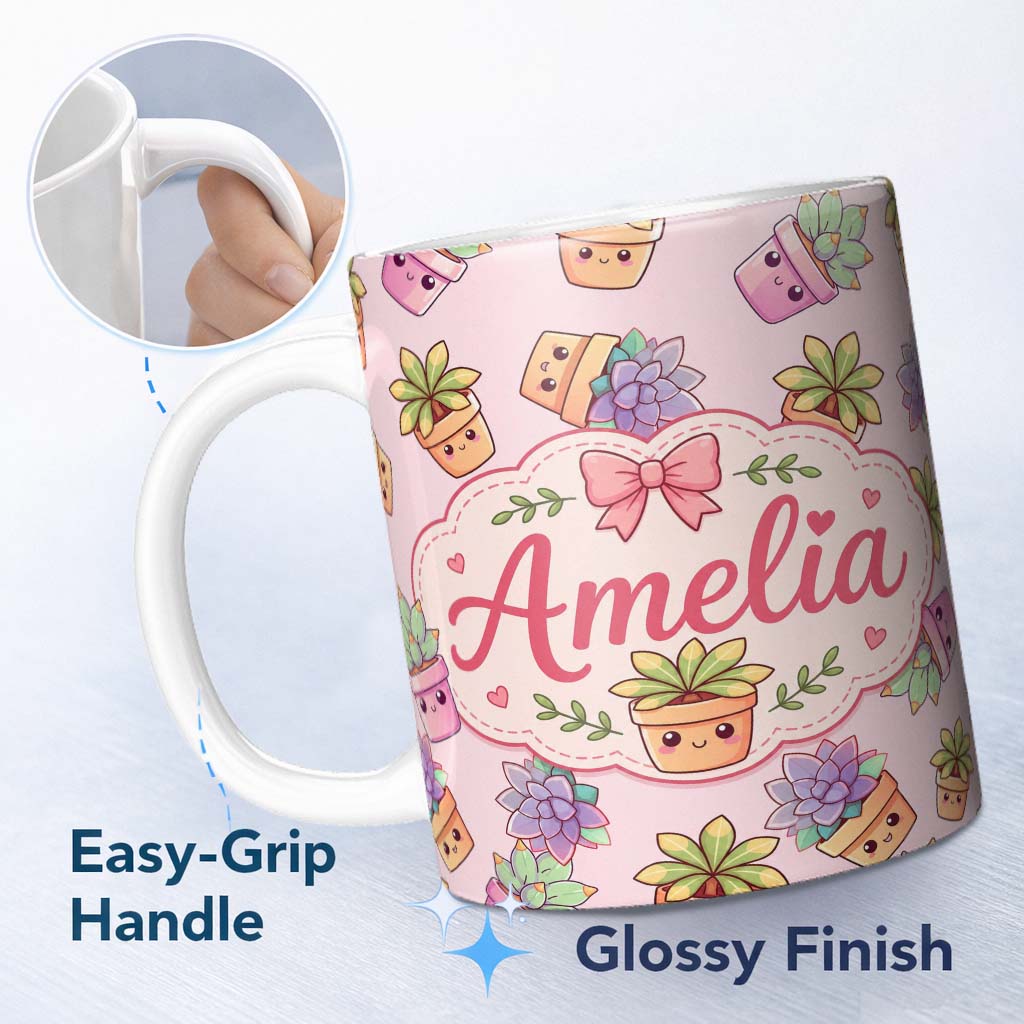 Personalized Custom Name Cute Kawaii Succulent Plants Dusty Pink Background Seamless Pattern 11oz Ceramic Coffee Tea Mug White Large Handle
