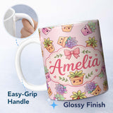 Personalized Custom Name Cute Kawaii Succulent Plants Dusty Pink Background Seamless Pattern 11oz Ceramic Coffee Tea Mug White Large Handle