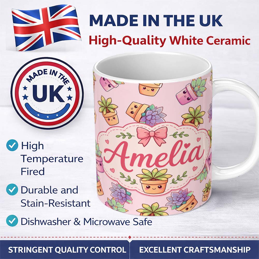 Personalized Custom Name Cute Kawaii Succulent Plants Dusty Pink Background Seamless Pattern 11oz Ceramic Coffee Tea Mug White Large Handle