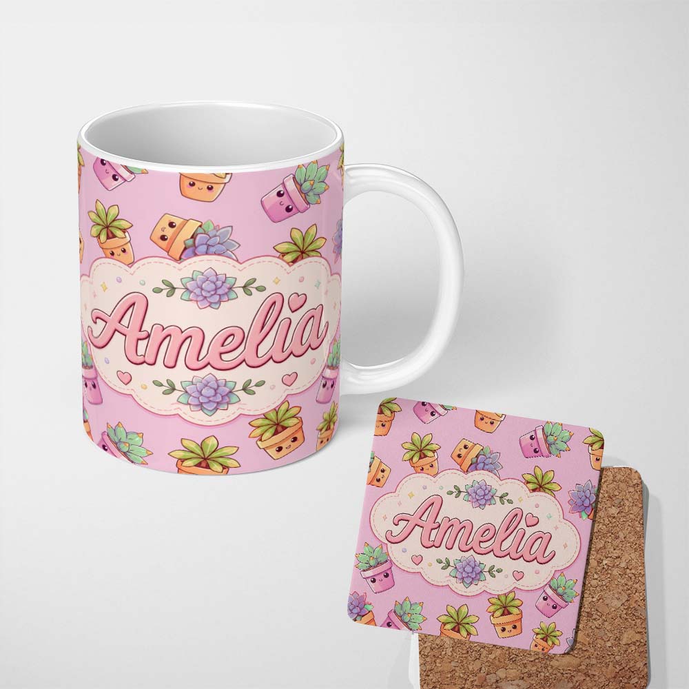Personalized Custom Name Cute Kawaii Succulent Plants Rose Pink Background Seamless Pattern 11oz Ceramic Coffee Tea Mug White Large Handle