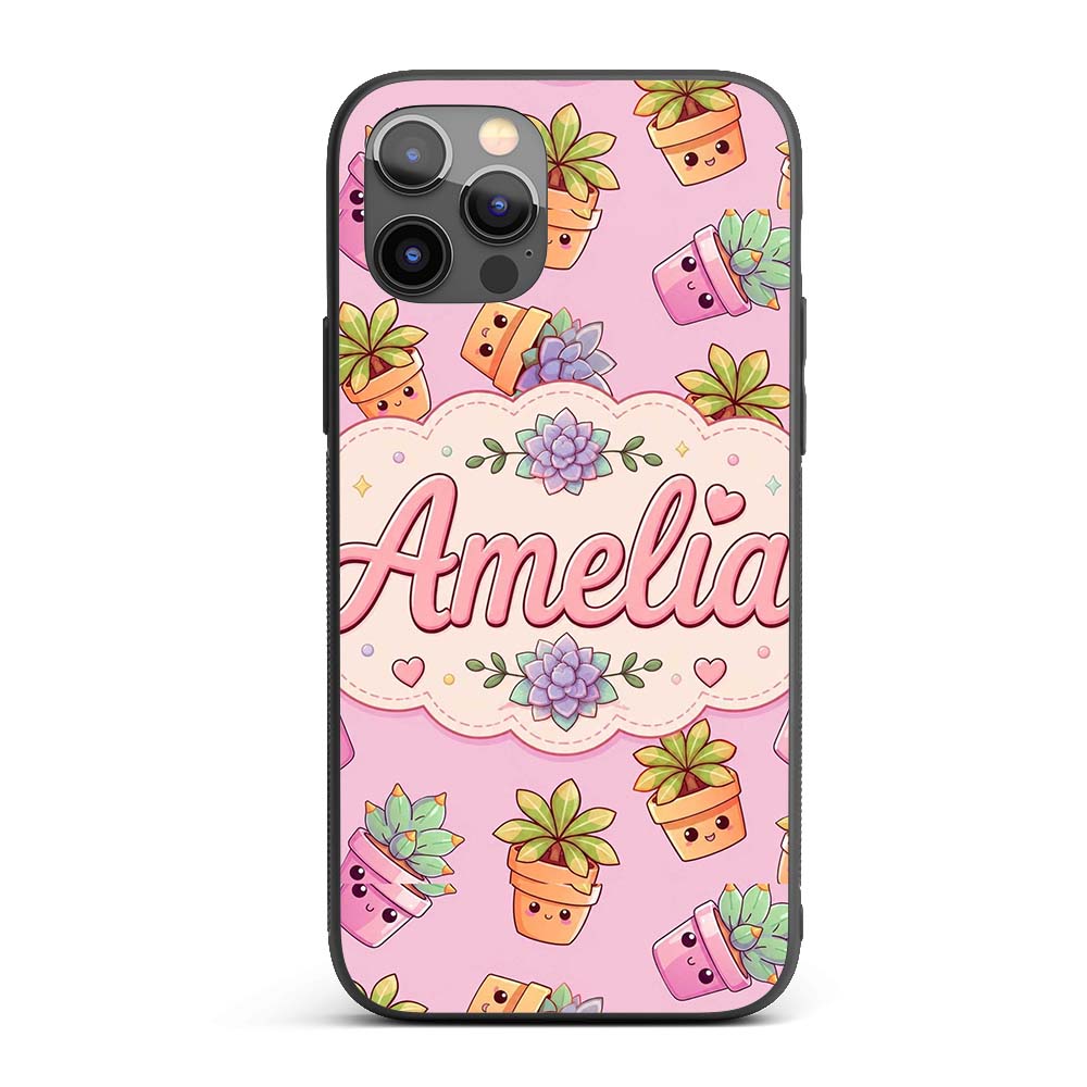 Cute Kawaii Succulent Plants Rose Pink Background Custom Name Protective Phone Case Mobile Cover Durable Everyday Smartphone Shock Resistant