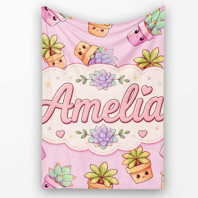Cute Kawaii Succulent Plants Rose Pink Background Seamless Pattern  Personalised Custom Name Super Soft Fleece Blanket Bed Sofa Throw