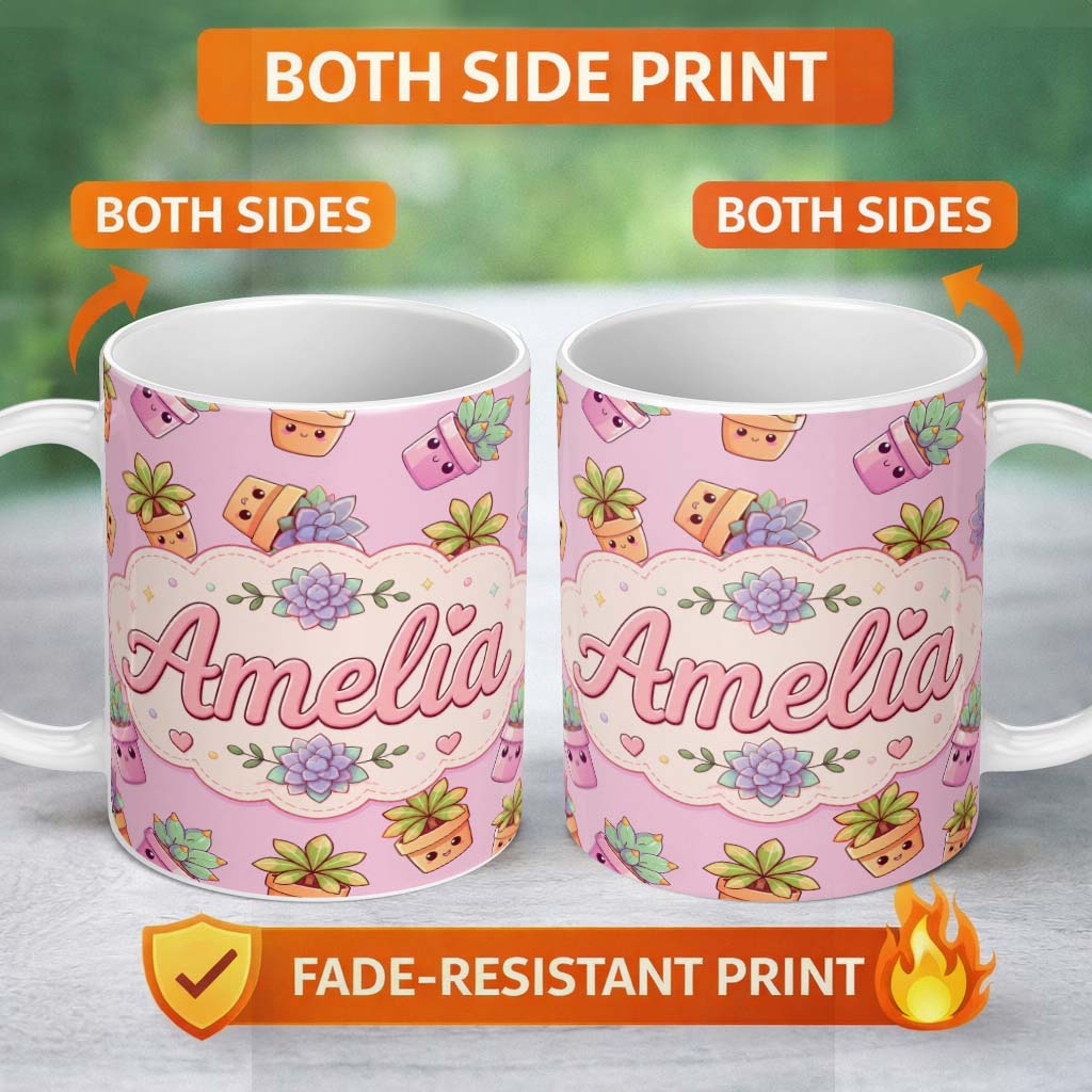 Personalized Custom Name Cute Kawaii Succulent Plants Rose Pink Background Seamless Pattern 11oz Ceramic Coffee Tea Mug White Large Handle