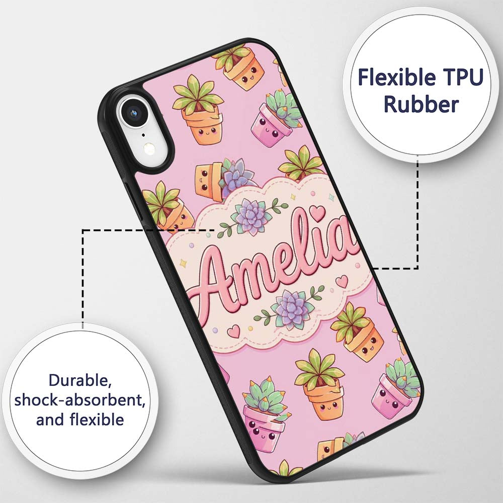 Cute Kawaii Succulent Plants Rose Pink Background Custom Name Protective Phone Case Mobile Cover Durable Everyday Smartphone Shock Resistant