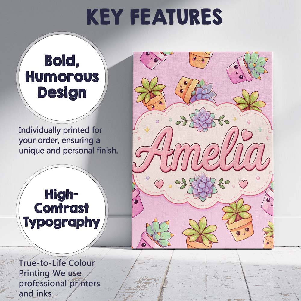 Personalised Name Cute Kawaii Succulent Custom  Modern Room Accent Elegant Feature Canvas Wall Art Print Decor Picture Ready to Hang