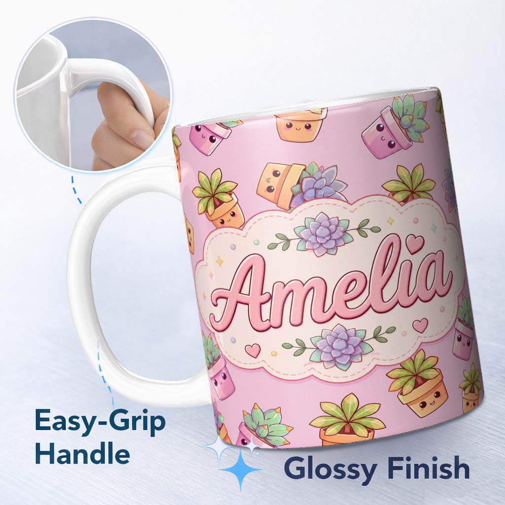Personalized Custom Name Cute Kawaii Succulent Plants Rose Pink Background Seamless Pattern 11oz Ceramic Coffee Tea Mug White Large Handle