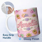 Personalized Custom Name Cute Kawaii Succulent Plants Rose Pink Background Seamless Pattern 11oz Ceramic Coffee Tea Mug White Large Handle