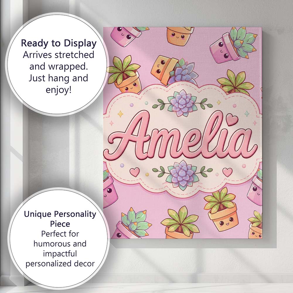 Personalised Name Cute Kawaii Succulent Custom  Modern Room Accent Elegant Feature Canvas Wall Art Print Decor Picture Ready to Hang
