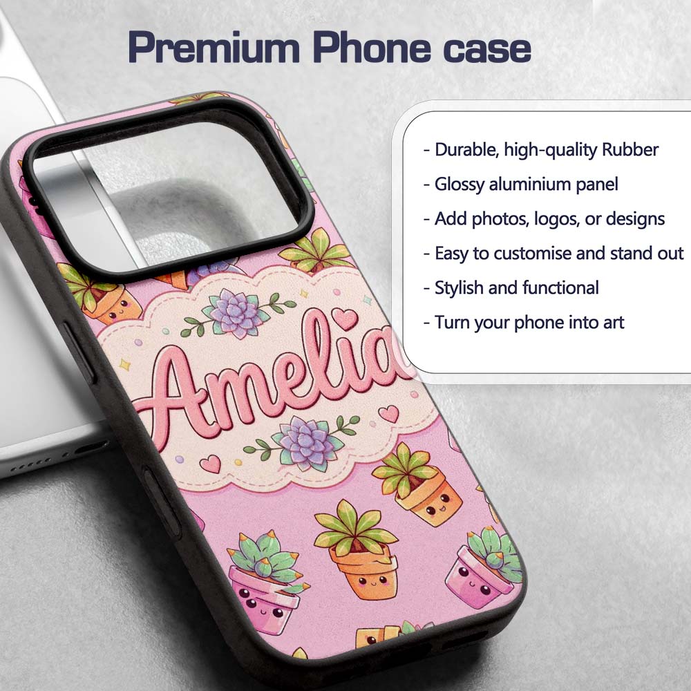 Cute Kawaii Succulent Plants Rose Pink Background Custom Name Protective Phone Case Mobile Cover Durable Everyday Smartphone Shock Resistant