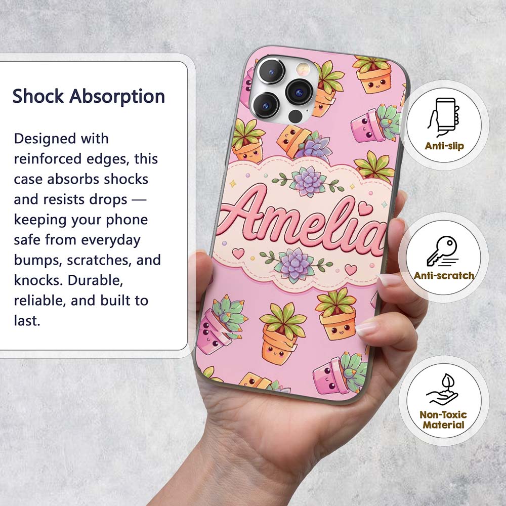 Cute Kawaii Succulent Plants Rose Pink Background Custom Name Protective Phone Case Mobile Cover Durable Everyday Smartphone Shock Resistant
