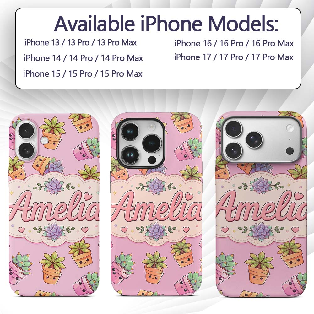 Cute Kawaii Succulent Plants Rose Pink Background Custom Name Protective Phone Case Mobile Cover Durable Everyday Smartphone Shock Resistant