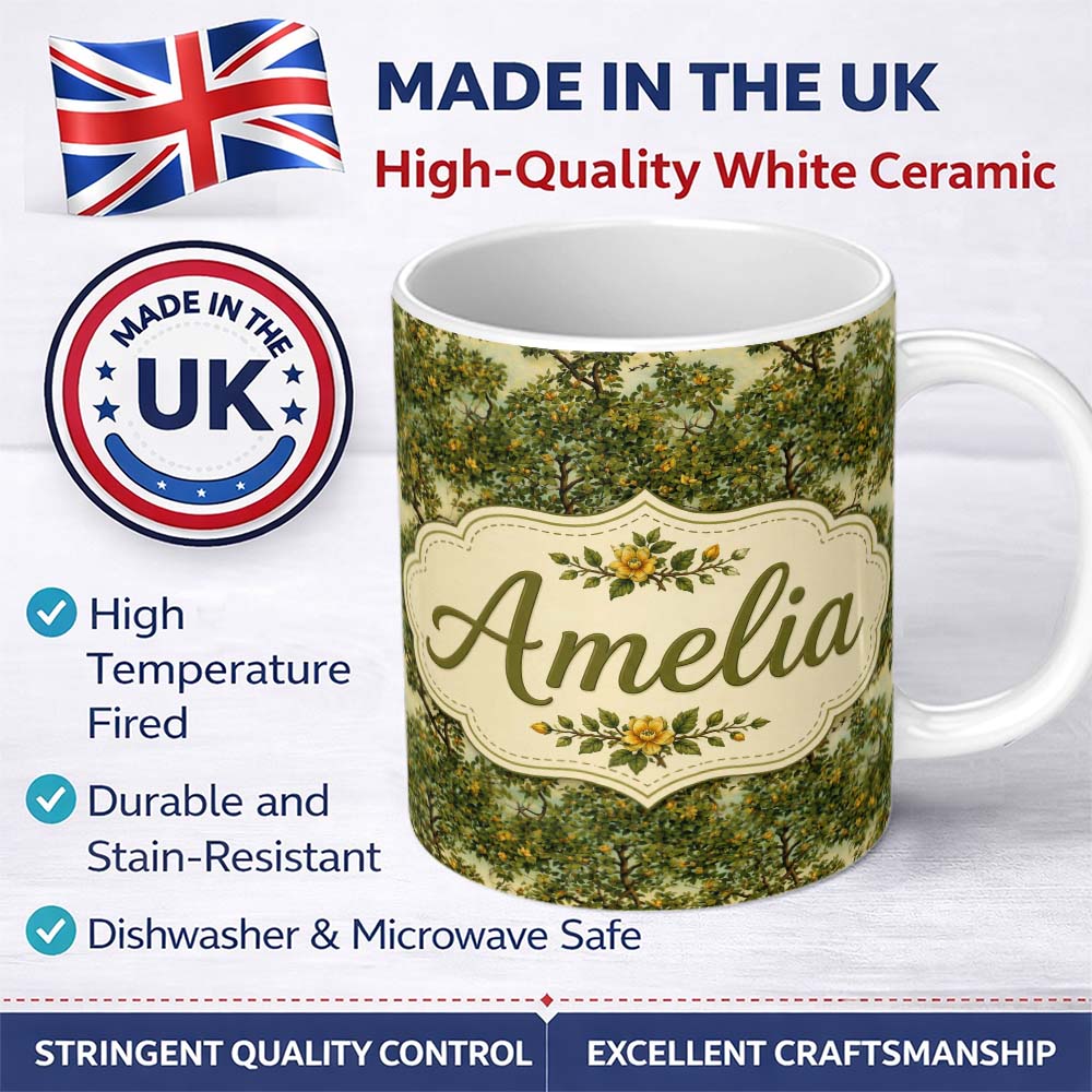 Personalized Custom Name Lush Green Orchard Trees with Golden Fruit Scenic Repeat Pattern 11oz Ceramic Coffee Tea Mug White Large Handle