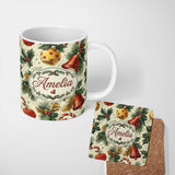 Personalized Custom Name Elegant Christmas Baubles Pine Branches Bows and Snowflake Elements 11oz Ceramic Coffee Tea Mug White Large Handle