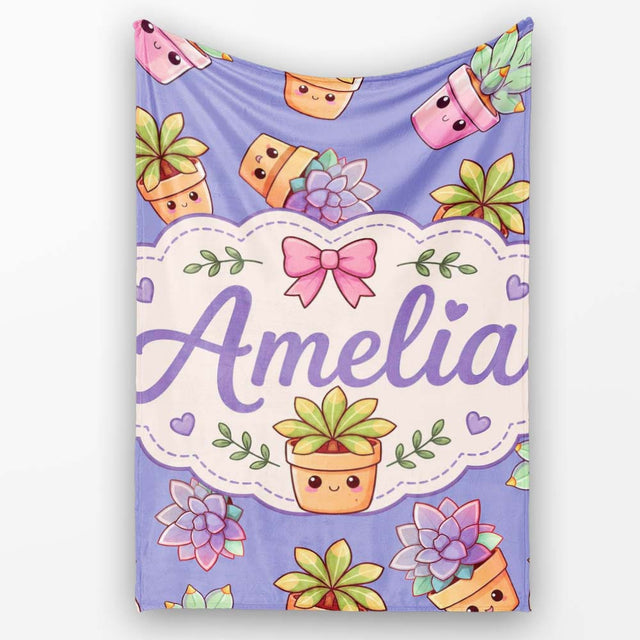 Cute Kawaii Succulent Plants Lavender Background Seamless Pattern  Personalised Custom Name Super Soft Fleece Blanket Bed Sofa Throw