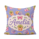 Custom Name Kawaii Succulent Plants Lavender Background Seamless Square Filled Cushion Throw Pillow Sofa Bed Home Decor Zip Washable UK Made