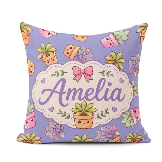 Custom Name Kawaii Succulent Plants Lavender Background Seamless Square Filled Cushion Throw Pillow Sofa Bed Home Decor Zip Washable UK Made