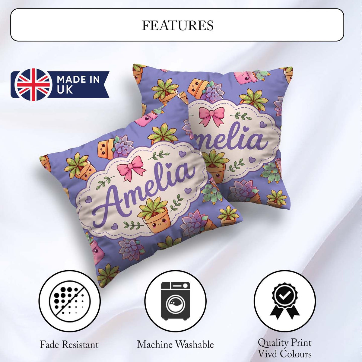 Custom Name Kawaii Succulent Plants Lavender Background Seamless Square Filled Cushion Throw Pillow Sofa Bed Home Decor Zip Washable UK Made
