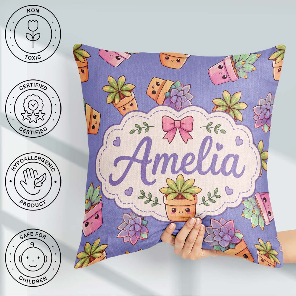 Custom Name Kawaii Succulent Plants Lavender Background Seamless Square Filled Cushion Throw Pillow Sofa Bed Home Decor Zip Washable UK Made