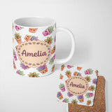 Personalized Custom Name Cute Kawaii Succulent Plants Light Grey Background Seamless Pattern 11oz Ceramic Coffee Tea Mug White Large Handle