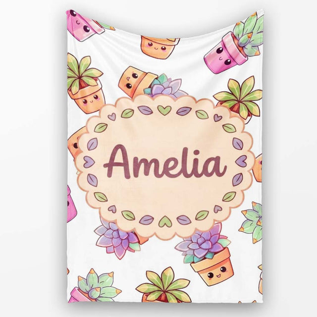 Cute Kawaii Succulent Plants Light Grey Background Seamless Pattern  Personalised Custom Name Super Soft Fleece Blanket Bed Sofa Throw