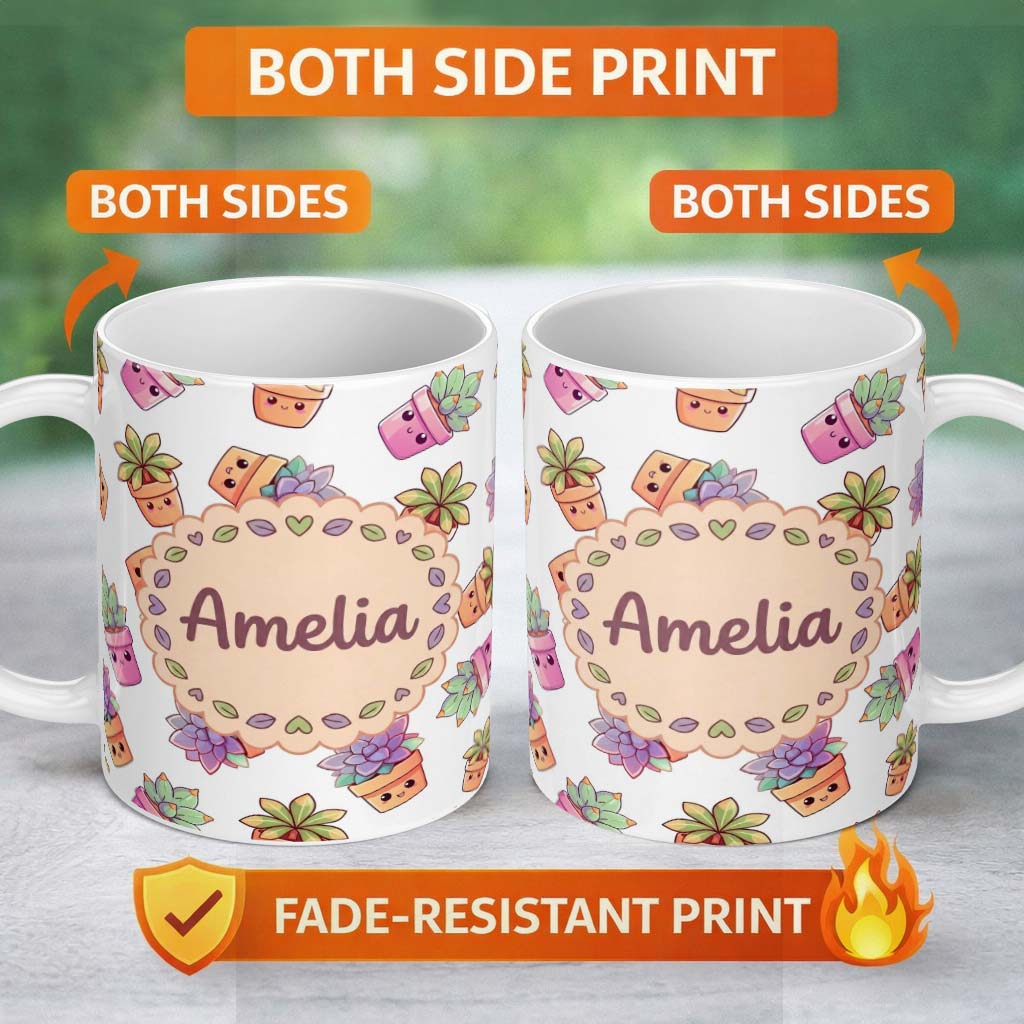 Personalized Custom Name Cute Kawaii Succulent Plants Light Grey Background Seamless Pattern 11oz Ceramic Coffee Tea Mug White Large Handle