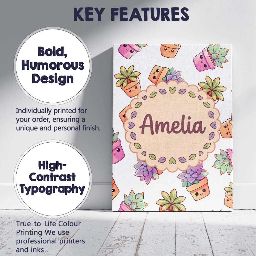 Personalised Name Cute Kawaii Succulent Custom  Modern Room Accent Elegant Feature Canvas Wall Art Print Decor Picture Ready to Hang