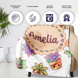 Cute Kawaii Succulent Plants Light Grey Background Seamless Pattern  Personalised Custom Name Super Soft Fleece Blanket Bed Sofa Throw