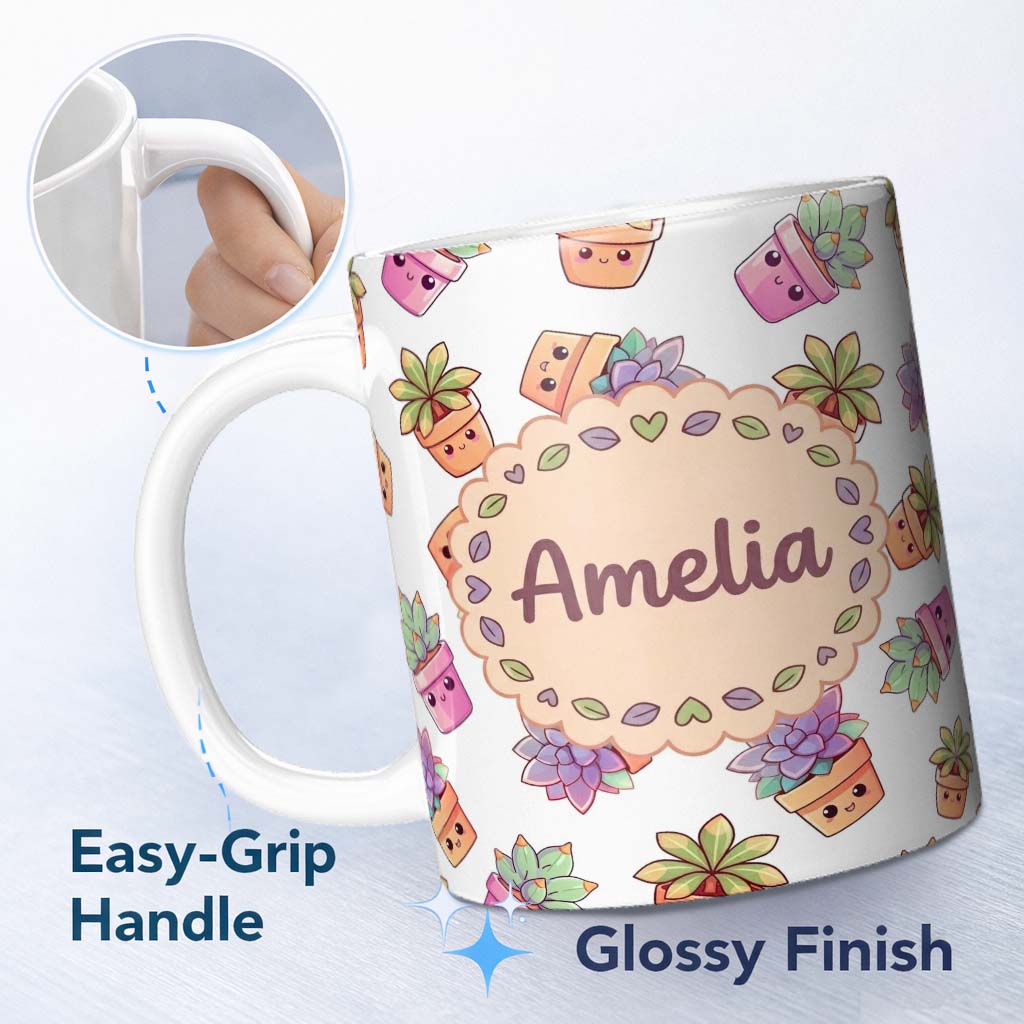 Personalized Custom Name Cute Kawaii Succulent Plants Light Grey Background Seamless Pattern 11oz Ceramic Coffee Tea Mug White Large Handle
