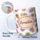 Personalized Custom Name Cute Kawaii Succulent Plants Light Grey Background Seamless Pattern 11oz Ceramic Coffee Tea Mug White Large Handle