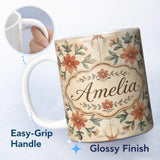 Personalized Custom Name Vintage Tile Style Floral Motif Soft Neutral Seamless Pattern Lovely 11oz Ceramic Coffee Tea Mug White Large Handle