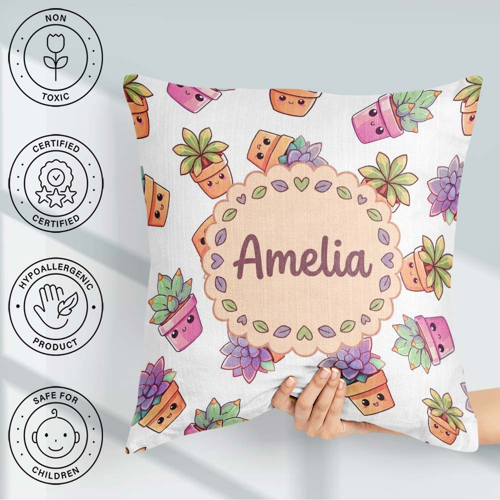 Custom Name Kawaii Plants Light Grey Background Seamless Pattern Square Filled Cushion Throw Pillow Sofa Bed Home Decor Zip Washable UK Made