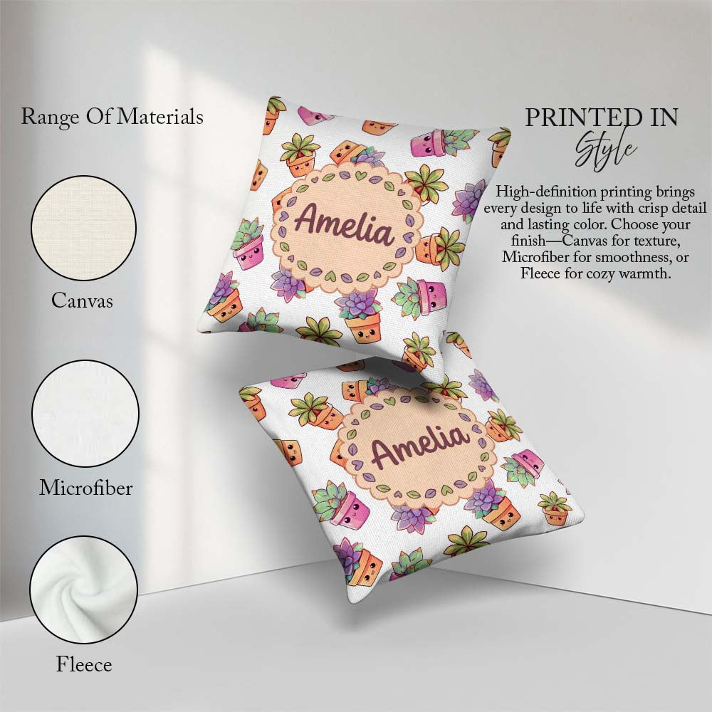 Custom Name Kawaii Plants Light Grey Background Seamless Pattern Square Filled Cushion Throw Pillow Sofa Bed Home Decor Zip Washable UK Made