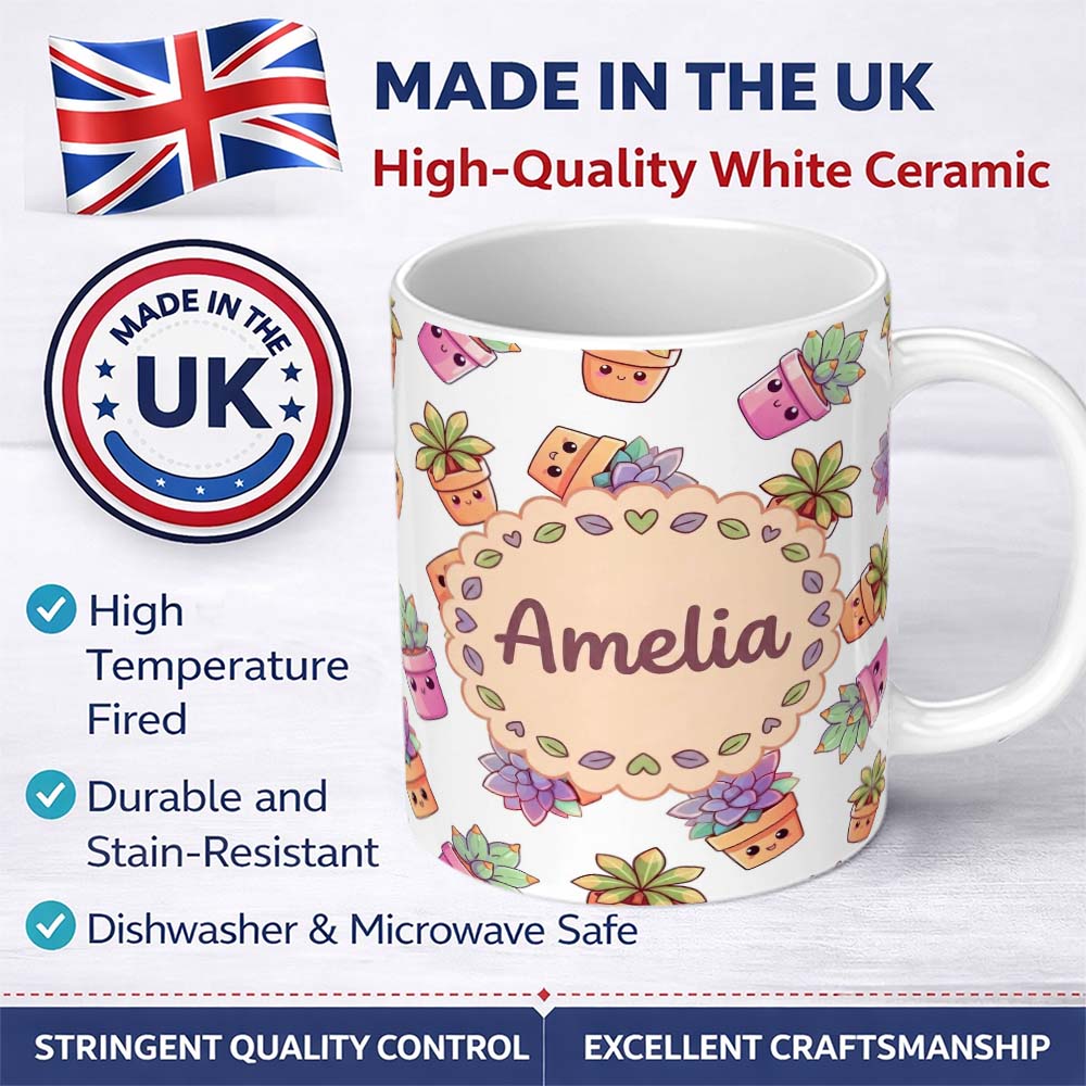 Personalized Custom Name Cute Kawaii Succulent Plants Light Grey Background Seamless Pattern 11oz Ceramic Coffee Tea Mug White Large Handle