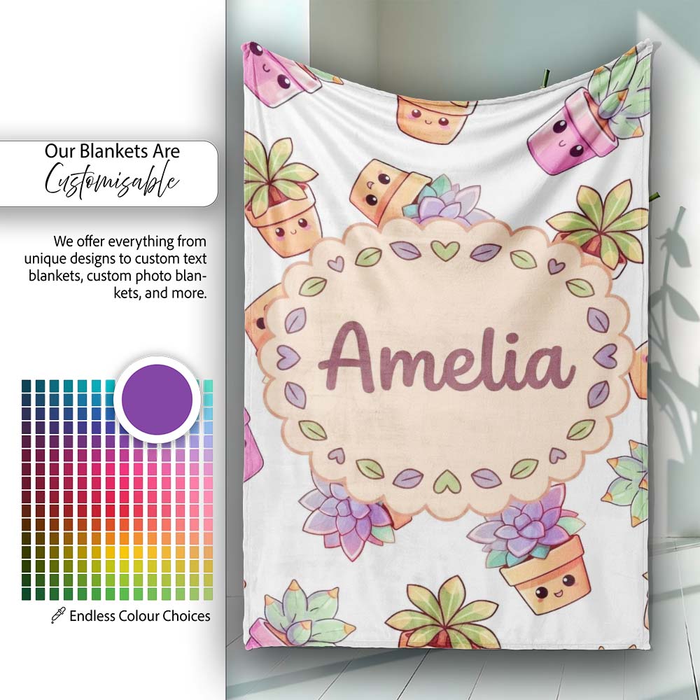 Cute Kawaii Succulent Plants Light Grey Background Seamless Pattern  Personalised Custom Name Super Soft Fleece Blanket Bed Sofa Throw