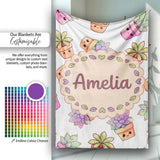 Cute Kawaii Succulent Plants Light Grey Background Seamless Pattern  Personalised Custom Name Super Soft Fleece Blanket Bed Sofa Throw